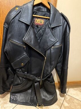 GIII Black Leather Belted Moto Jacket with Gold Hardware